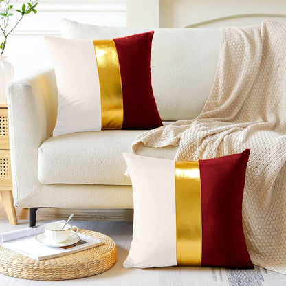 Premium Velvet Set of 2 Decorative Throw Pillow/Cushion Covers with Gold Stripe