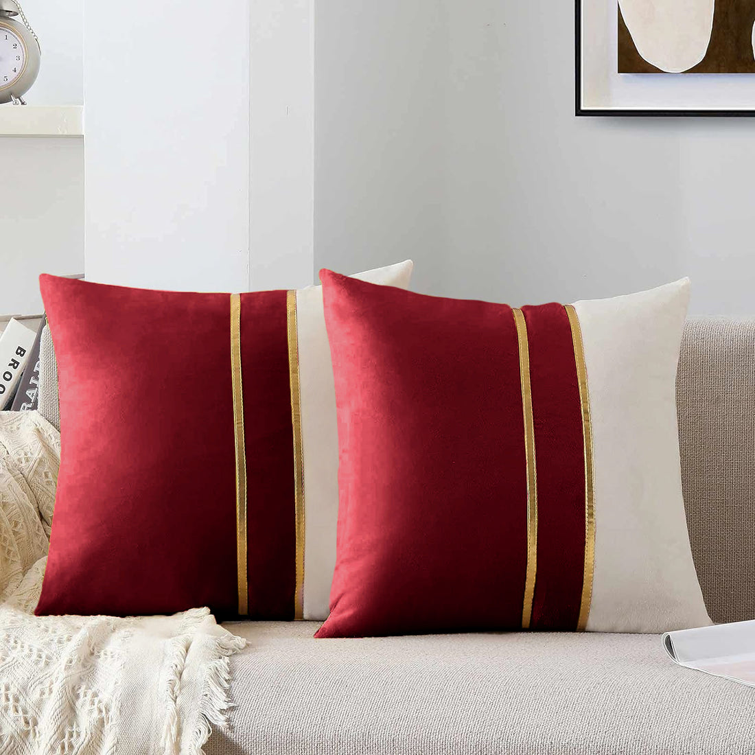 Premium Velvet Set of 2 Decorative Throw Pillow/Cushion Covers with Gold Stripes