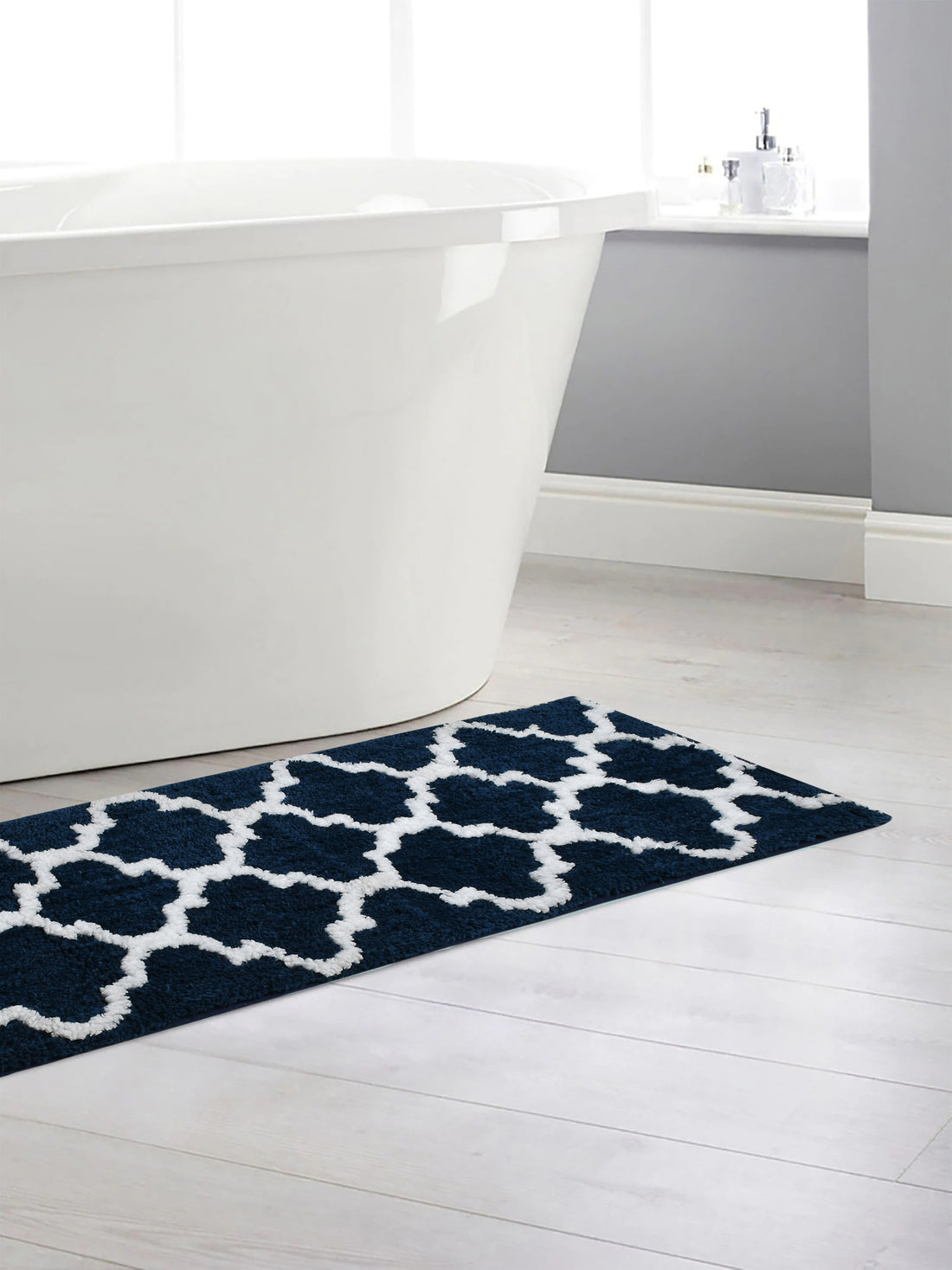 Soft Microfiber Abstract Moroccan Designer Anti Slip Runner, Navy