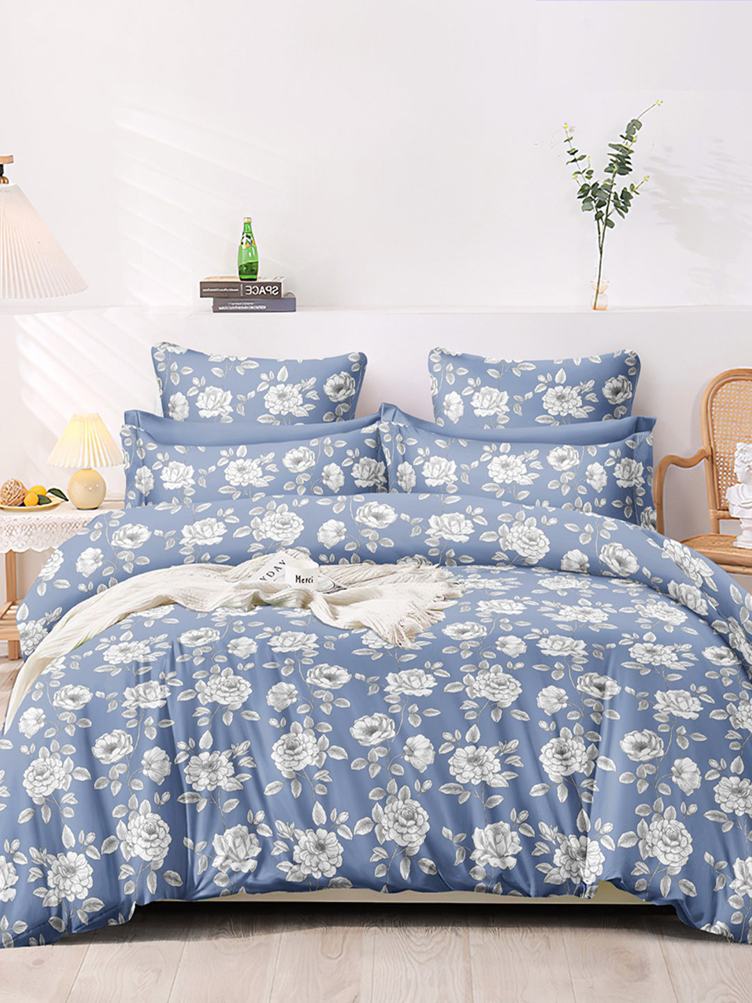 Premium Blue & Yellow Floral Glace Cotton 300 TC King Bedsheet with 2 Pillow Covers