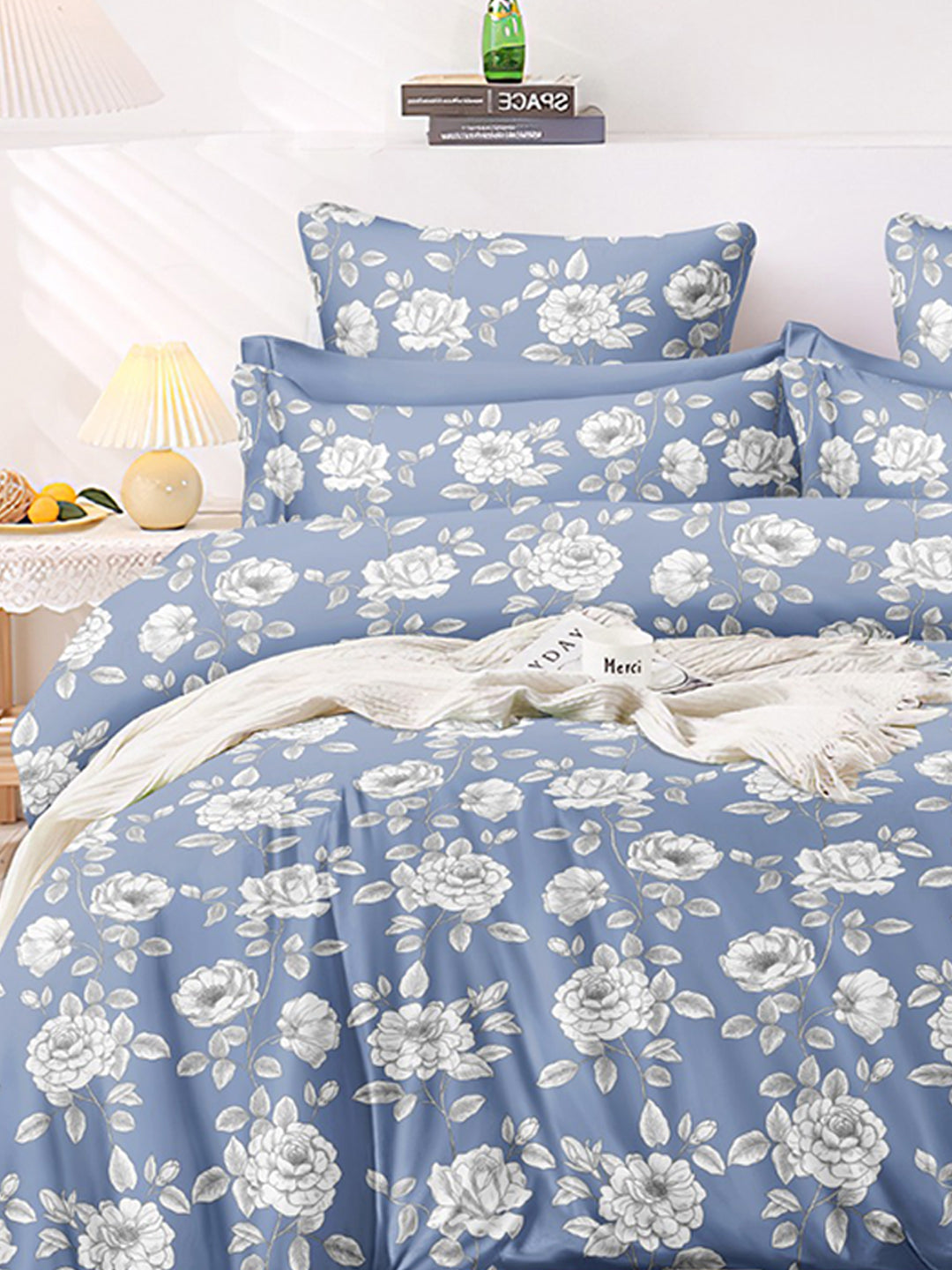 Premium Blue & Yellow Floral Glace Cotton 300 TC King Bedsheet with 2 Pillow Covers