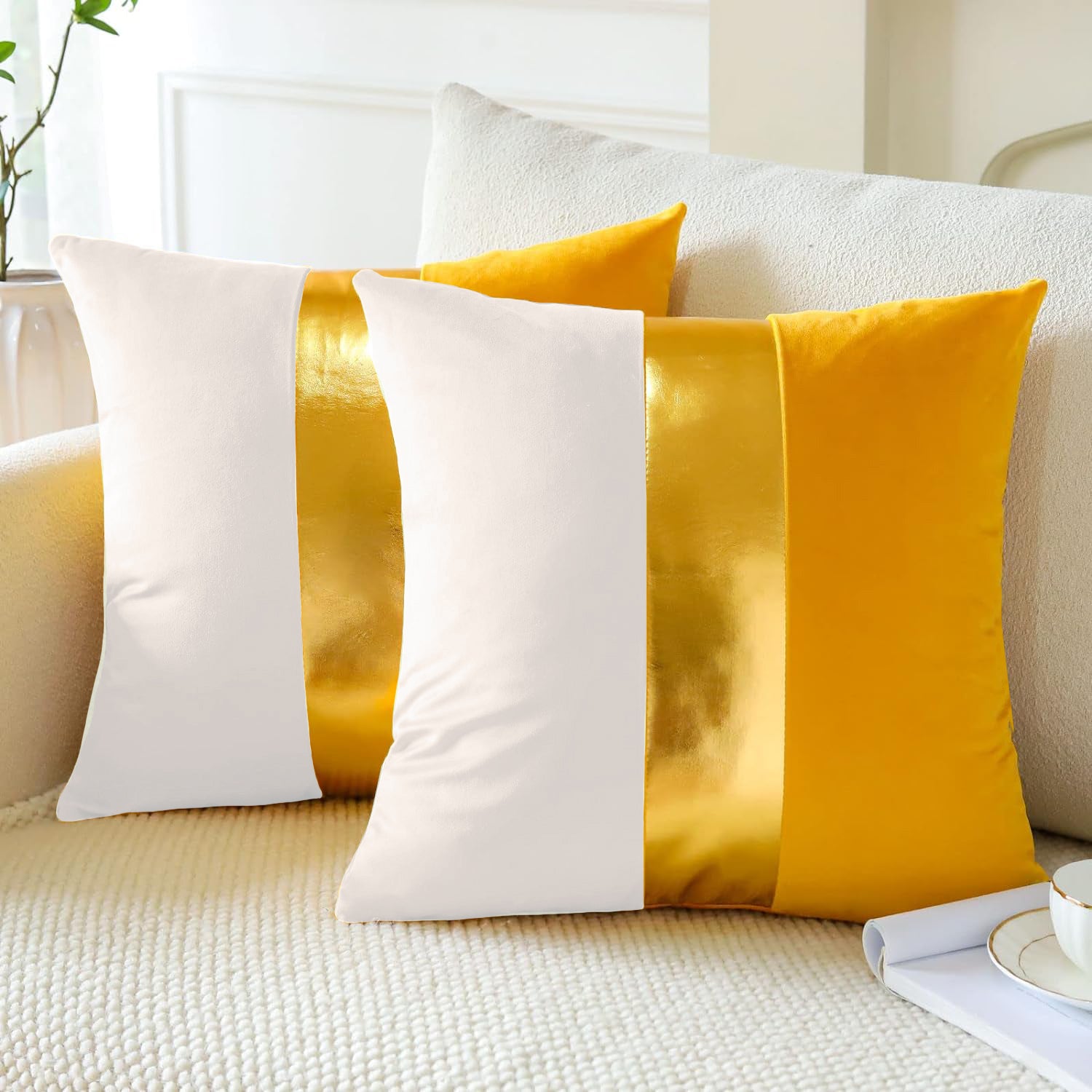 Premium Velvet Set of 2 Decorative Throw Pillow/Cushion Covers with Gold Stripe