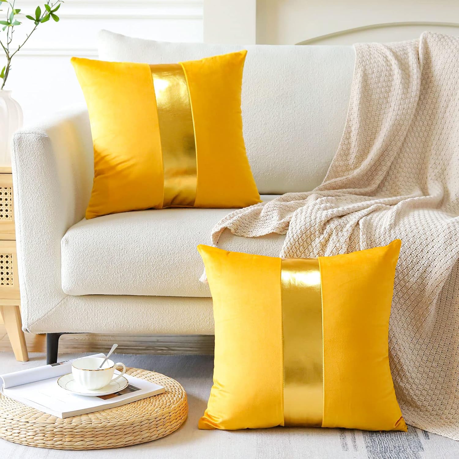 Premium Velvet Set of 2 Decorative Throw Pillow/Cushion Covers with Gold Stripe