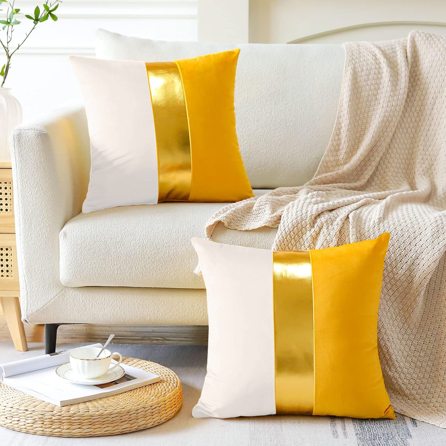 Premium Velvet Set of 2 Decorative Throw Pillow/Cushion Covers with Gold Stripe