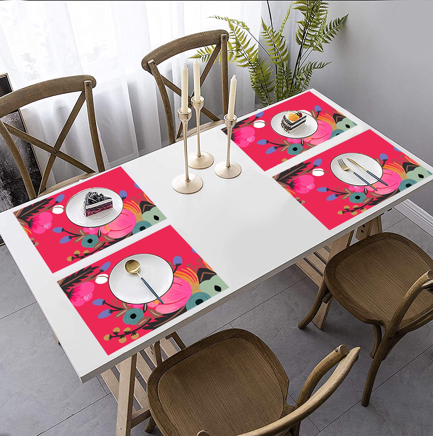 Red Floral HD Printed 4 Pcs Table Place Mat
