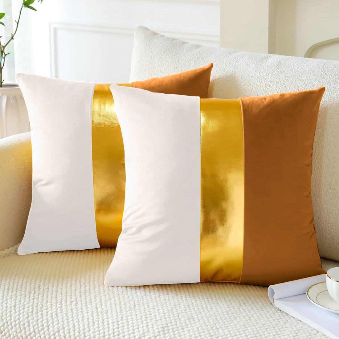 Premium Velvet Set of 2 Decorative Throw Pillow/Cushion Covers with Gold Stripe