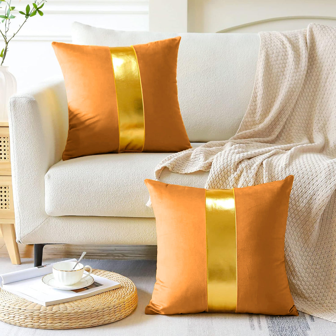 Premium Velvet Set of 2 Decorative Throw Pillow/Cushion Covers with Gold Stripe