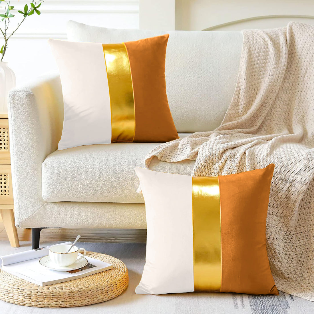 Premium Velvet Set of 2 Decorative Throw Pillow/Cushion Covers with Gold Stripe