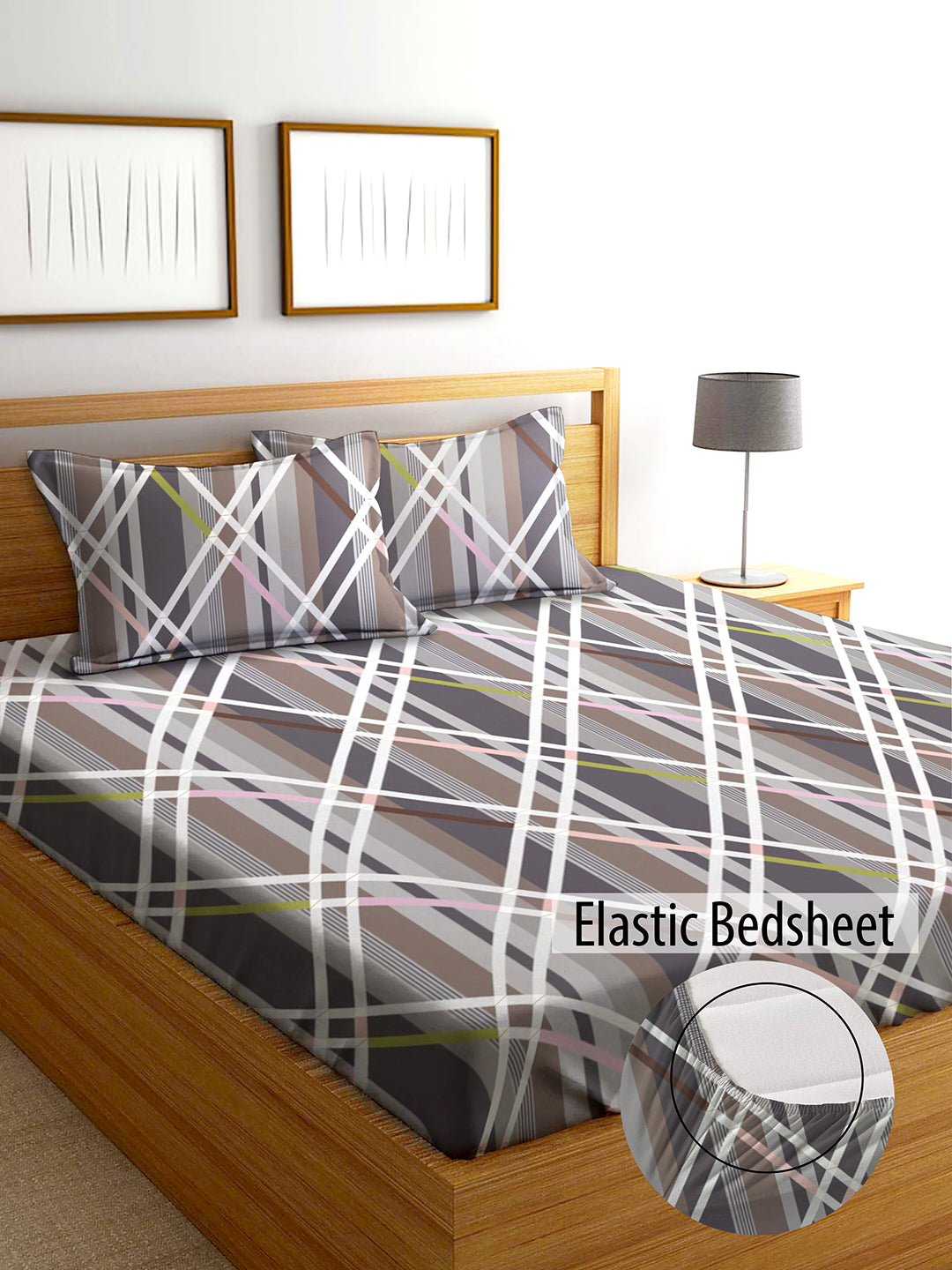 Glace Cotton Abstract Flat Fitted Bedsheet with 2 Pillow Covers
