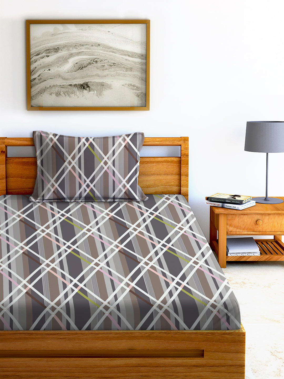 Glace Cotton Abstract Flat Fitted Bedsheet with 2 Pillow Covers