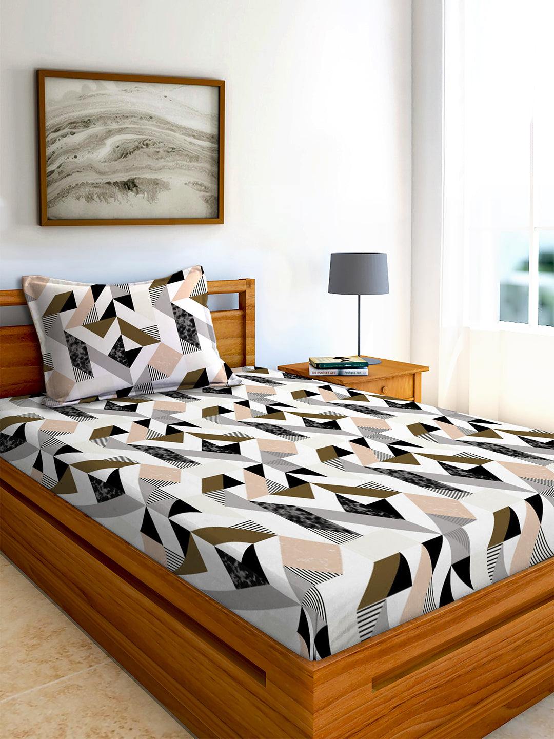 Glace Cotton Abstract Flat Double Bedsheet with 2 Pillow Covers