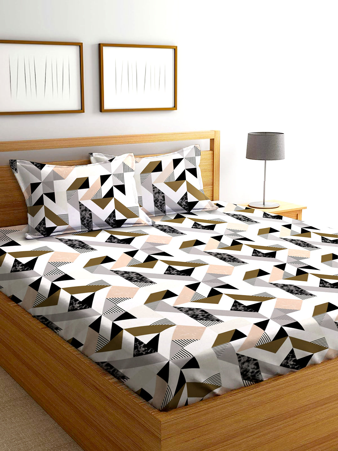 Glace Cotton Abstract Flat Fitted Bedsheet with 2 Pillow Covers