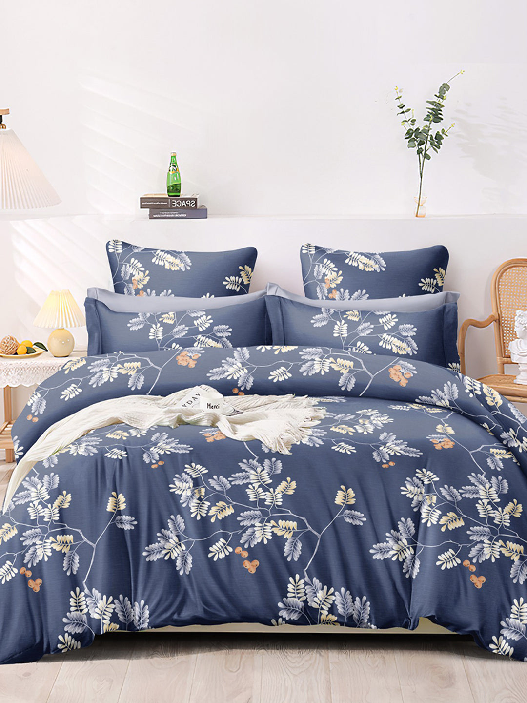Premium Blue & Yellow Floral Glace Cotton 300 TC King Bedsheet with 2 Pillow Covers