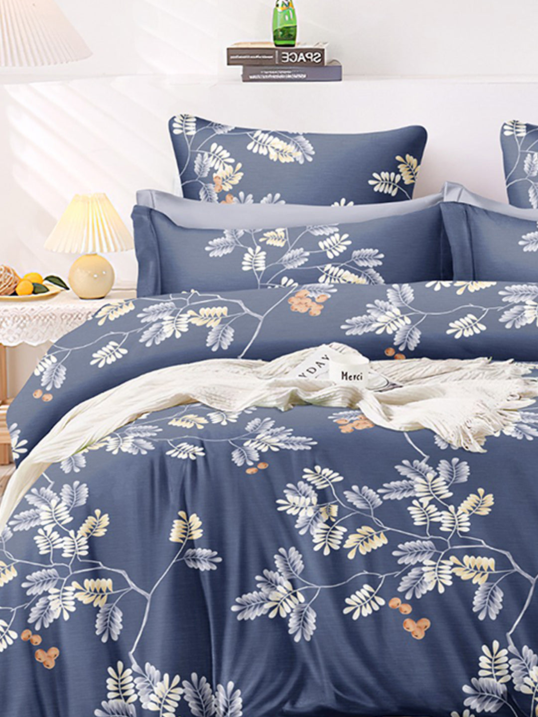Premium Blue & Yellow Floral Glace Cotton 300 TC King Bedsheet with 2 Pillow Covers