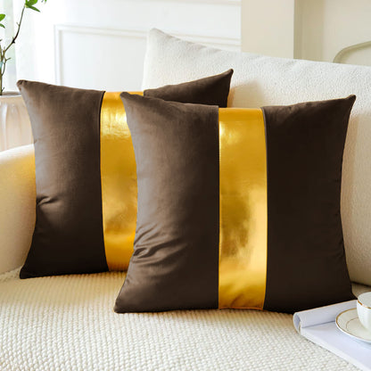 Premium Velvet Set of 2 Decorative Throw Pillow/Cushion Covers with Gold Stripe