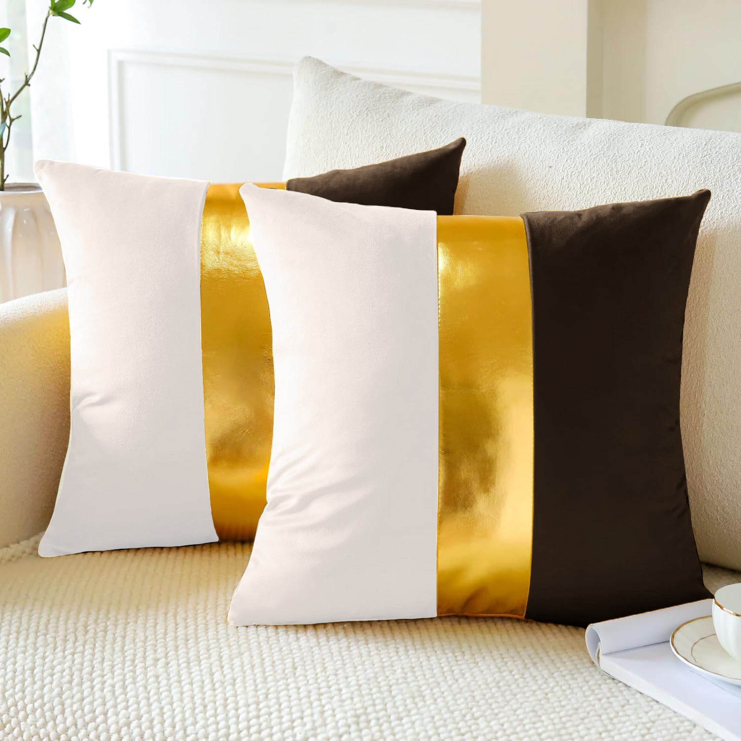 Premium Velvet Set of 2 Decorative Throw Pillow/Cushion Covers with Gold Stripe