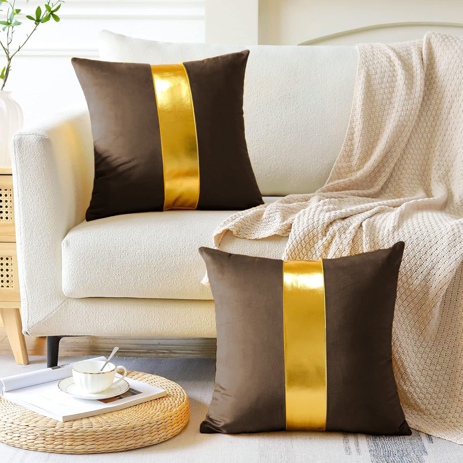 Premium Velvet Set of 2 Decorative Throw Pillow/Cushion Covers with Gold Stripe