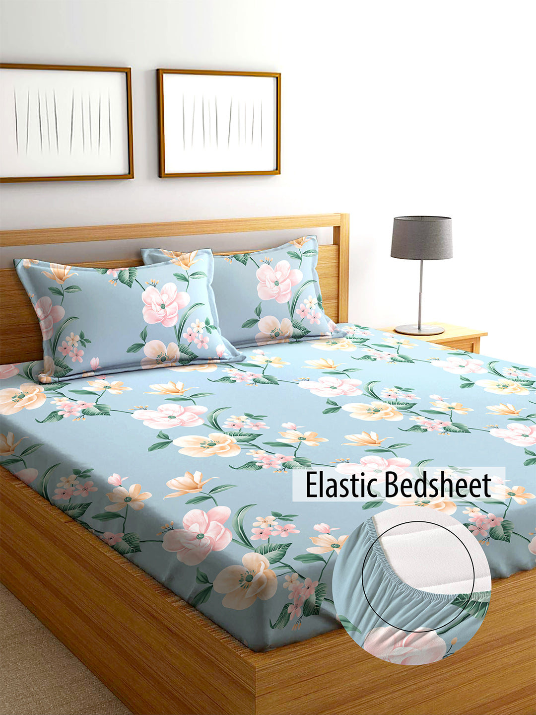 Glace Cotton Abstract Flat Fitted Bedsheet with 2 Pillow Covers