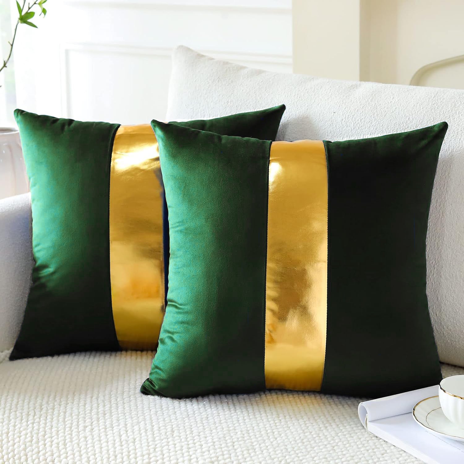 Premium Velvet Set of 2 Decorative Throw Pillow/Cushion Covers with Gold Stripe