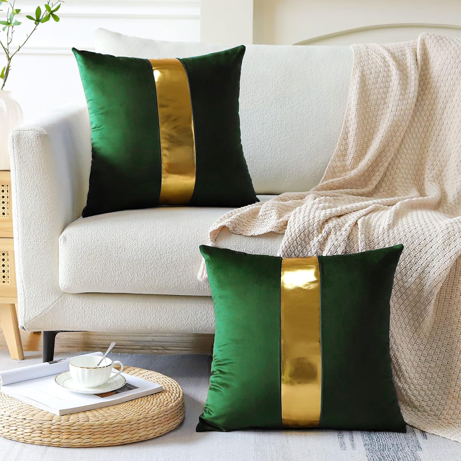 Premium Velvet Set of 2 Decorative Throw Pillow/Cushion Covers with Gold Stripe