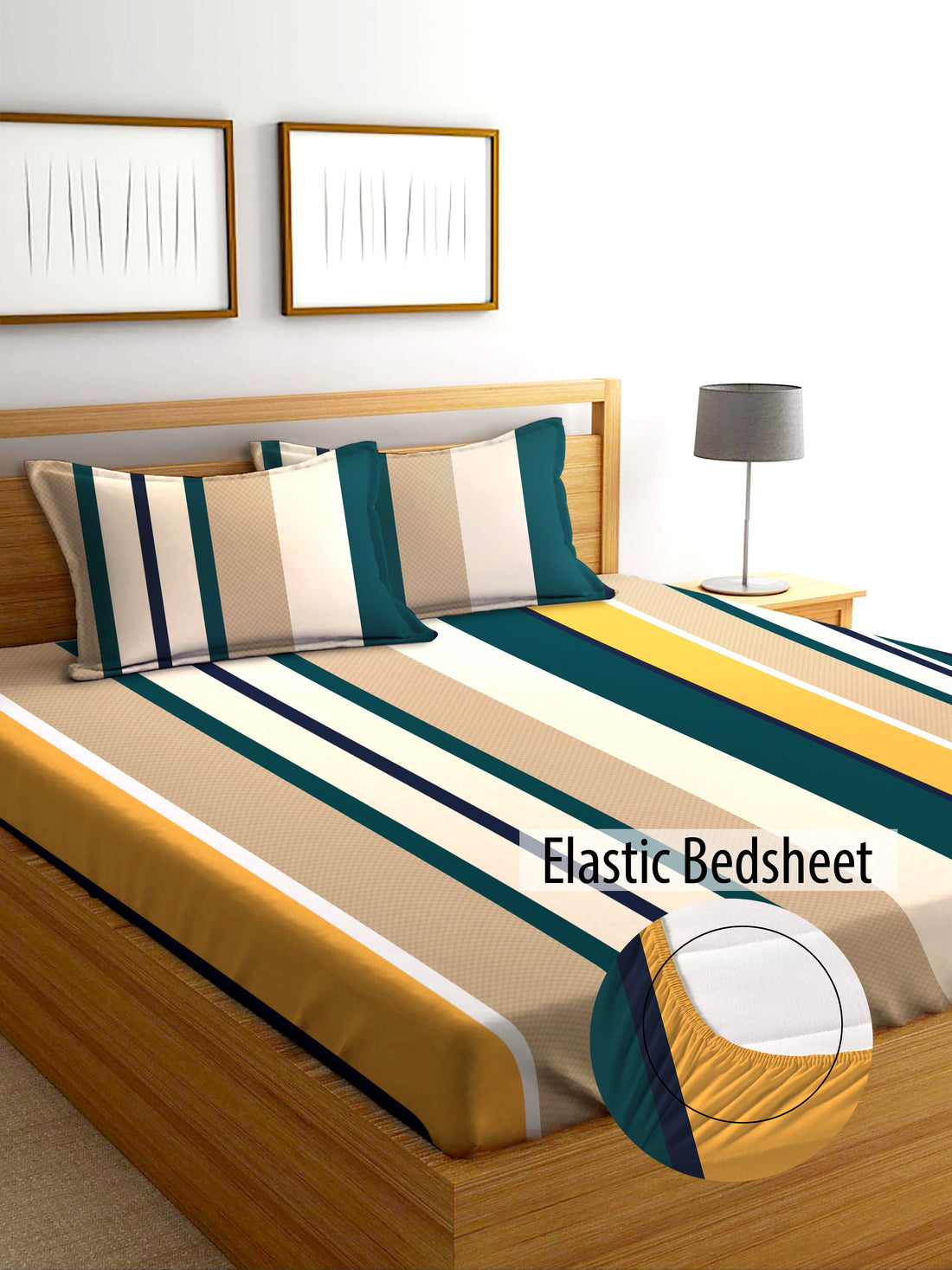 Glace Cotton Abstract Flat Fitted Bedsheet with 2 Pillow Covers