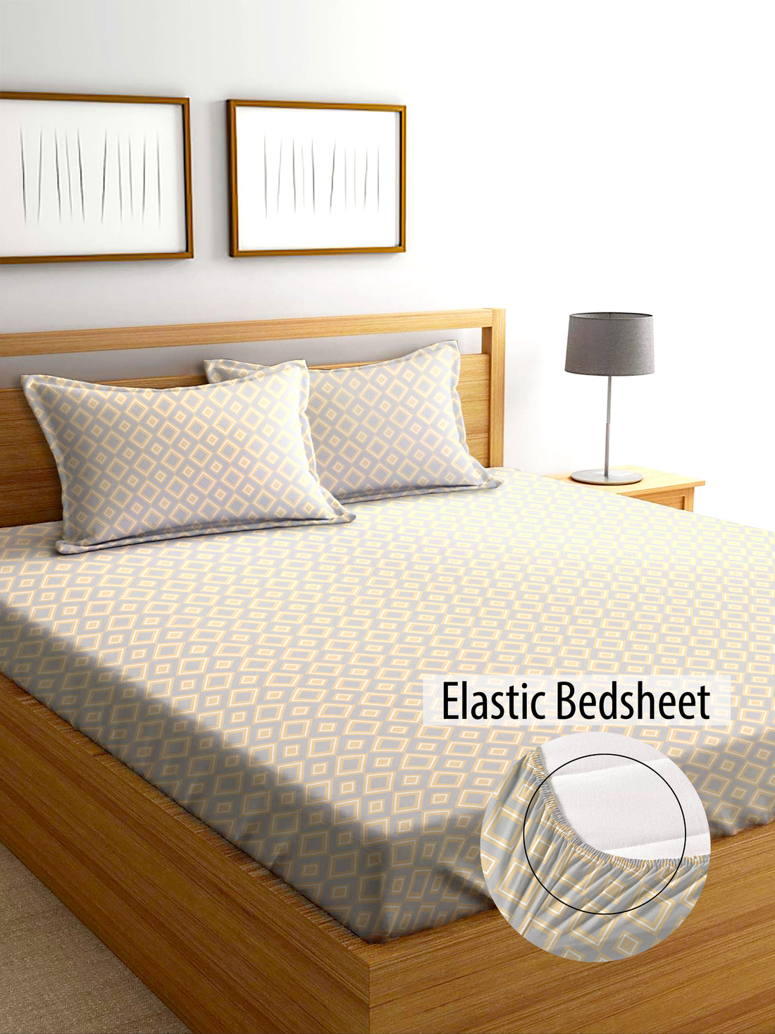 Glace Cotton Abstract Flat Fitted Bedsheet with 2 Pillow Covers