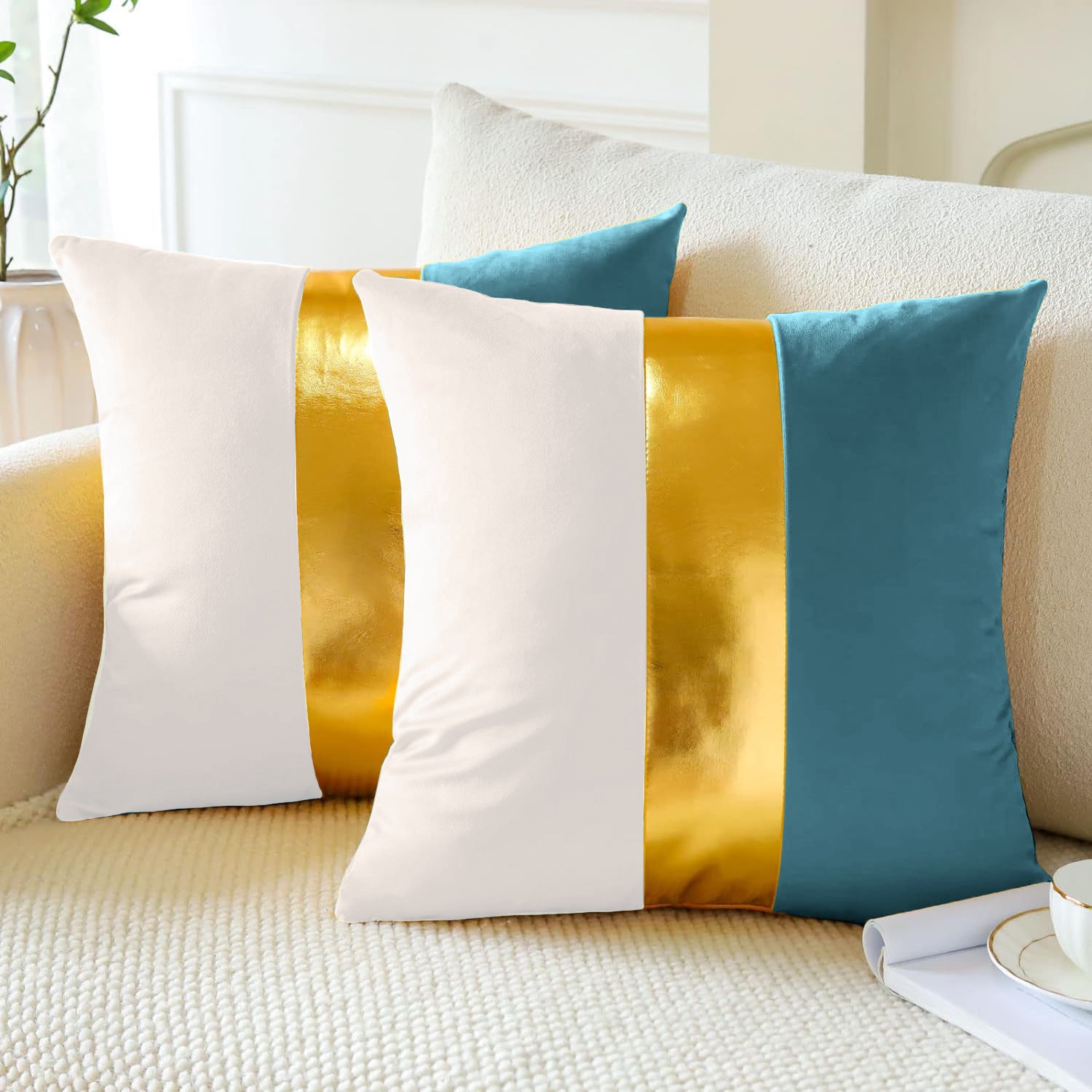 Premium Velvet Set of 2 Decorative Throw Pillow/Cushion Covers with Gold Stripe