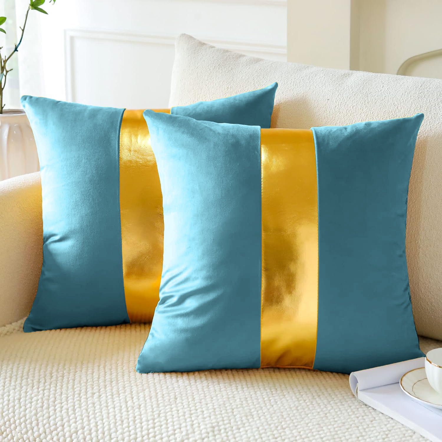 Premium Velvet Set of 2 Decorative Throw Pillow/Cushion Covers with Gold Stripe