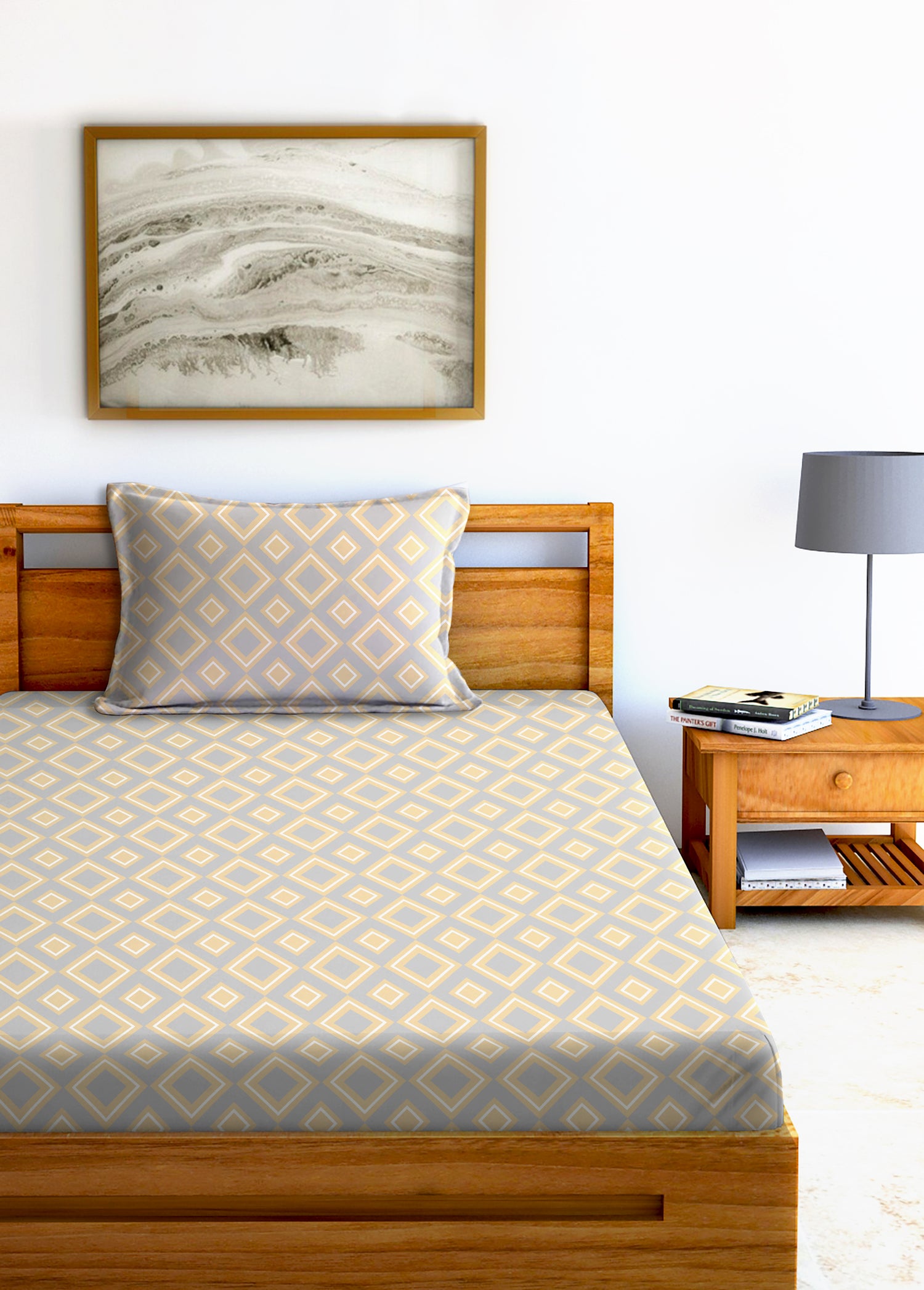 Glace Cotton Abstract Flat Fitted Bedsheet with 2 Pillow Covers