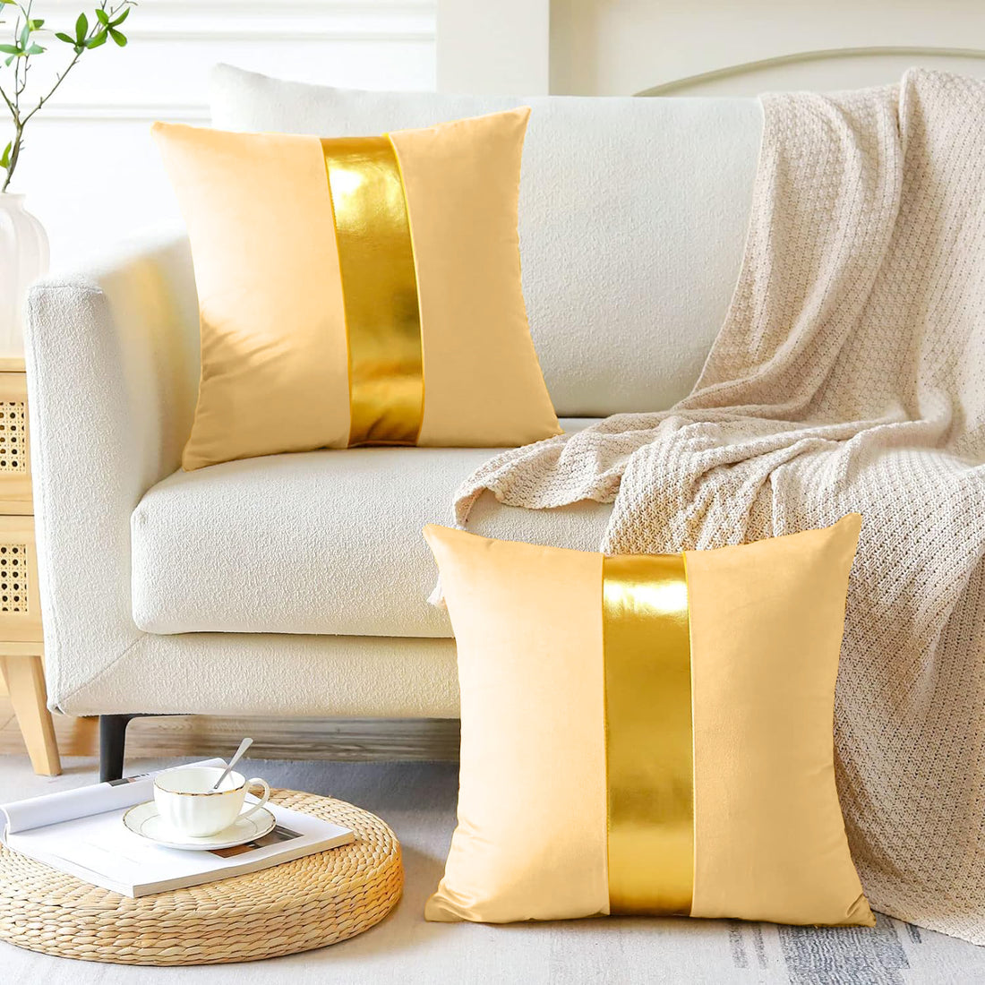 Premium Velvet Set of 2 Decorative Throw Pillow/Cushion Covers with Gold Stripe