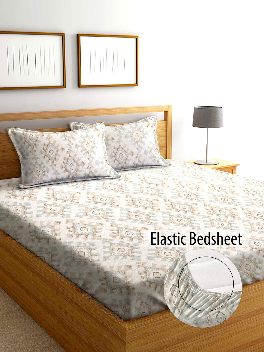 Glace Cotton Abstract Flat Fitted Bedsheet with 2 Pillow Covers