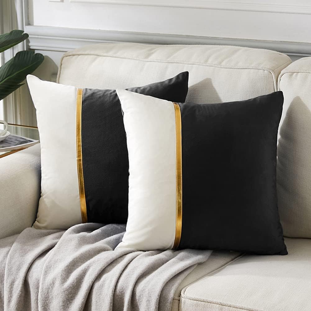 Premium Velvet Set of 2 Decorative Throw Pillow/Cushion Covers with Gold Stripe