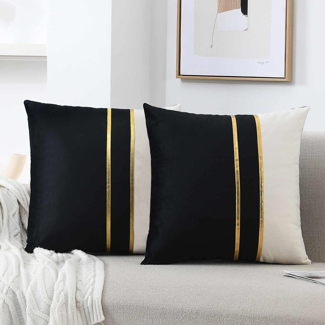Premium Velvet Set of 2 Decorative Throw Pillow/Cushion Covers with Gold Stripes