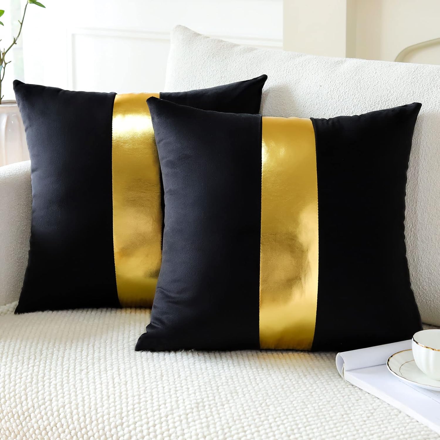 Premium Velvet Set of 2 Decorative Throw Pillow/Cushion Covers with Gold Stripe