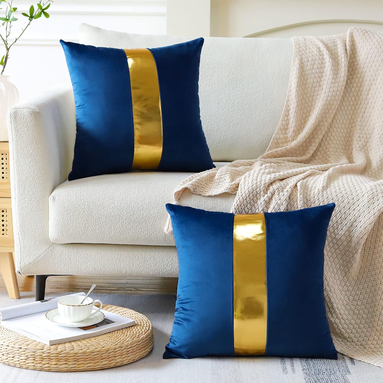 Premium Velvet Set of 2 Decorative Throw Pillow/Cushion Covers with Gold Stripe