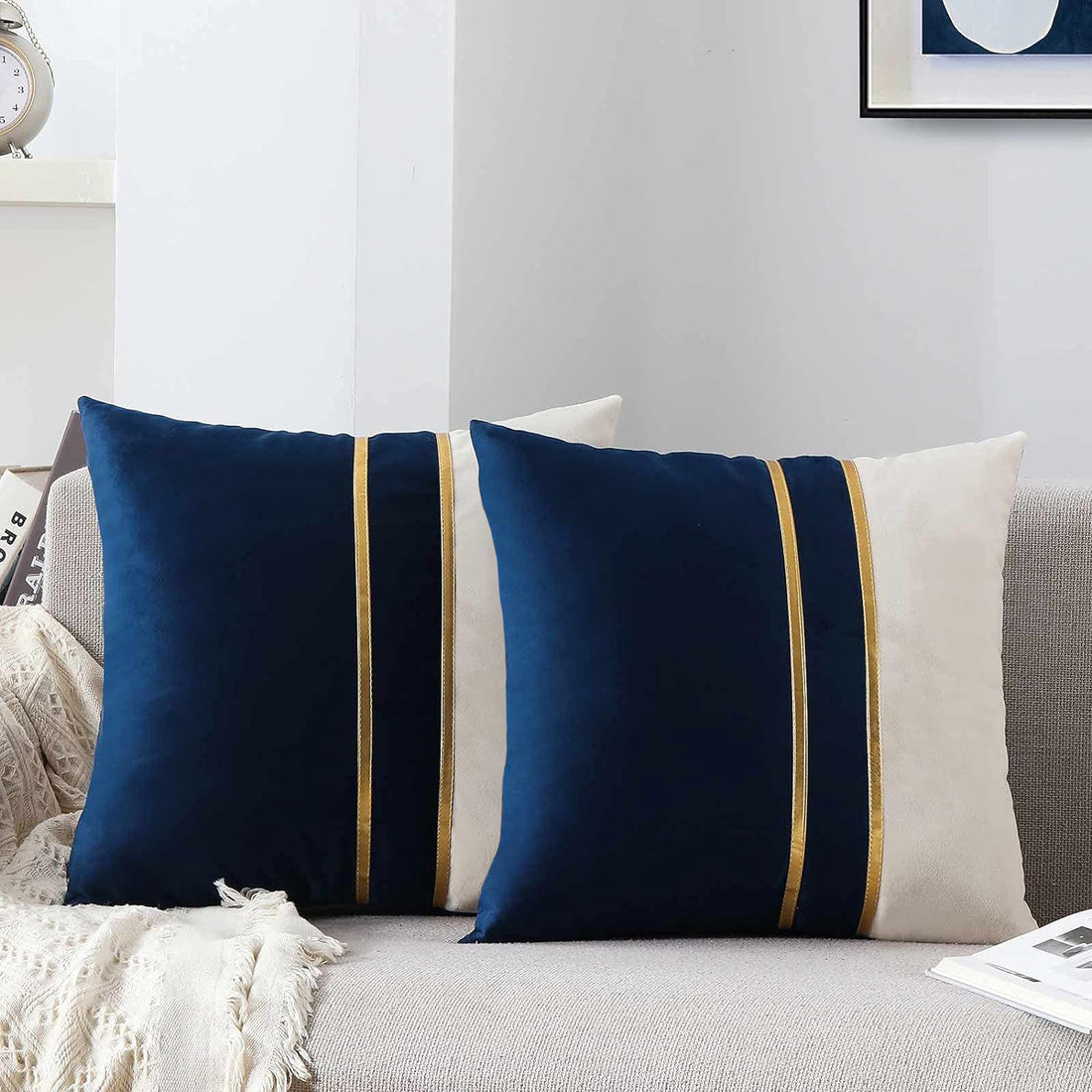 Premium Velvet Set of 2 Decorative Throw Pillow/Cushion Covers with Gold Stripes