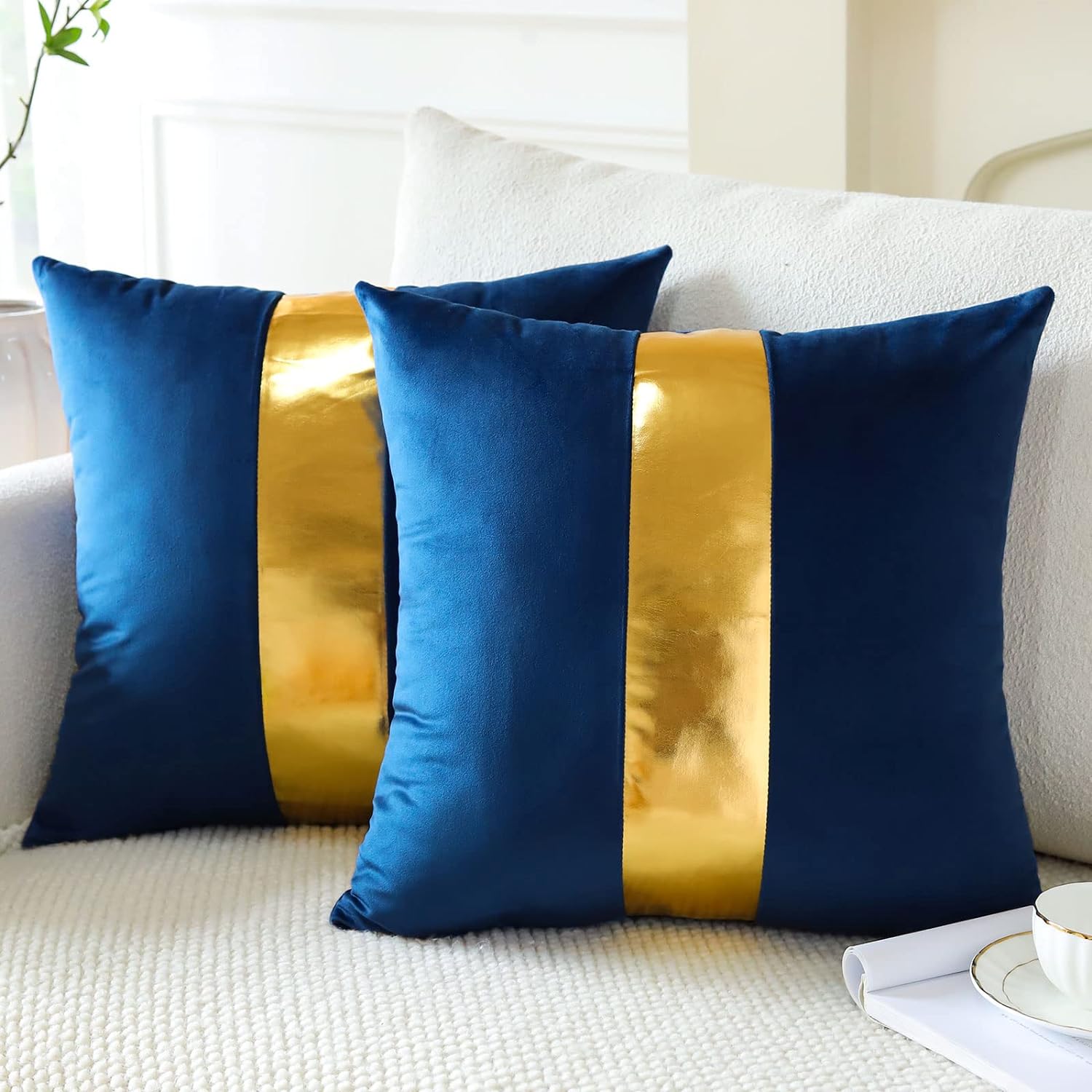 Premium Velvet Set of 2 Decorative Throw Pillow/Cushion Covers with Gold Stripe