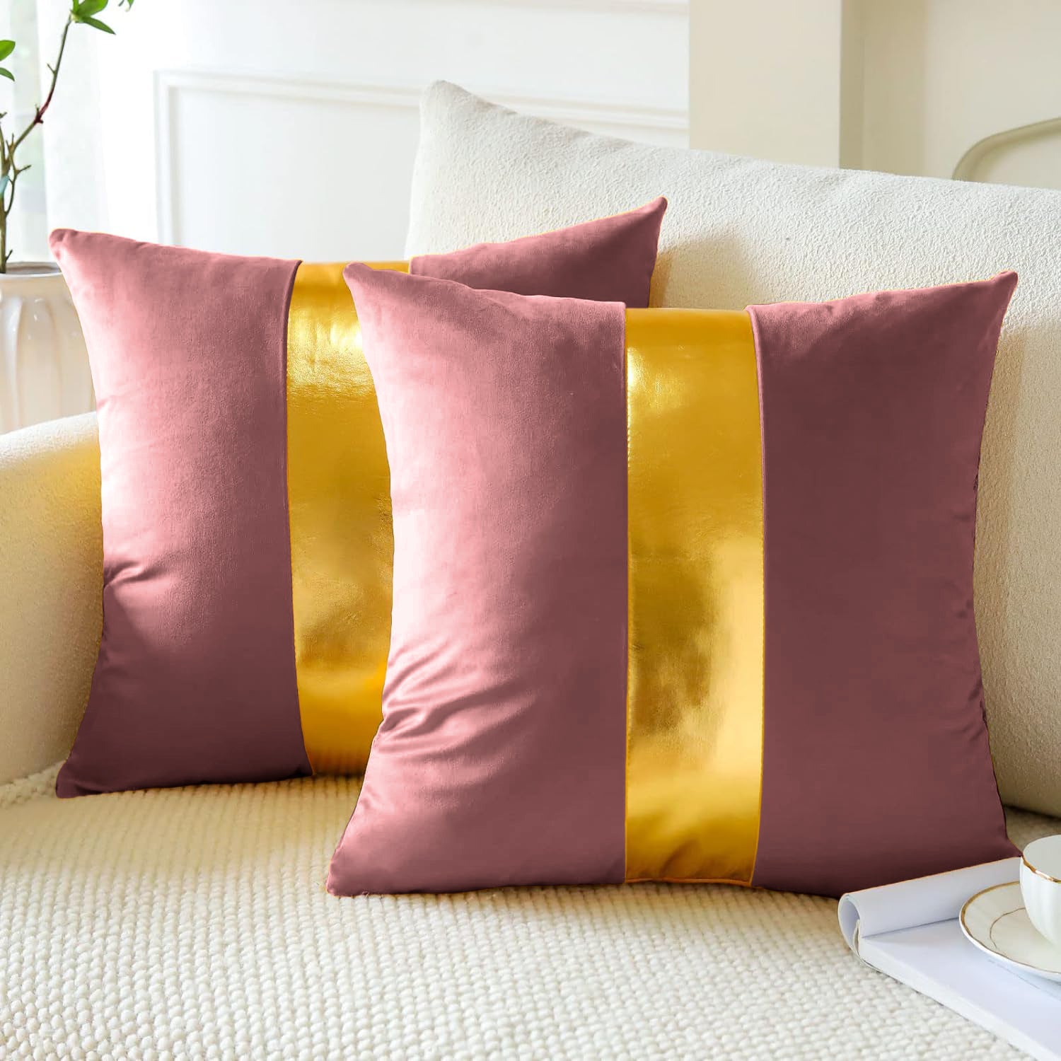 Premium Velvet Set of 2 Decorative Throw Pillow/Cushion Covers with Gold Stripe