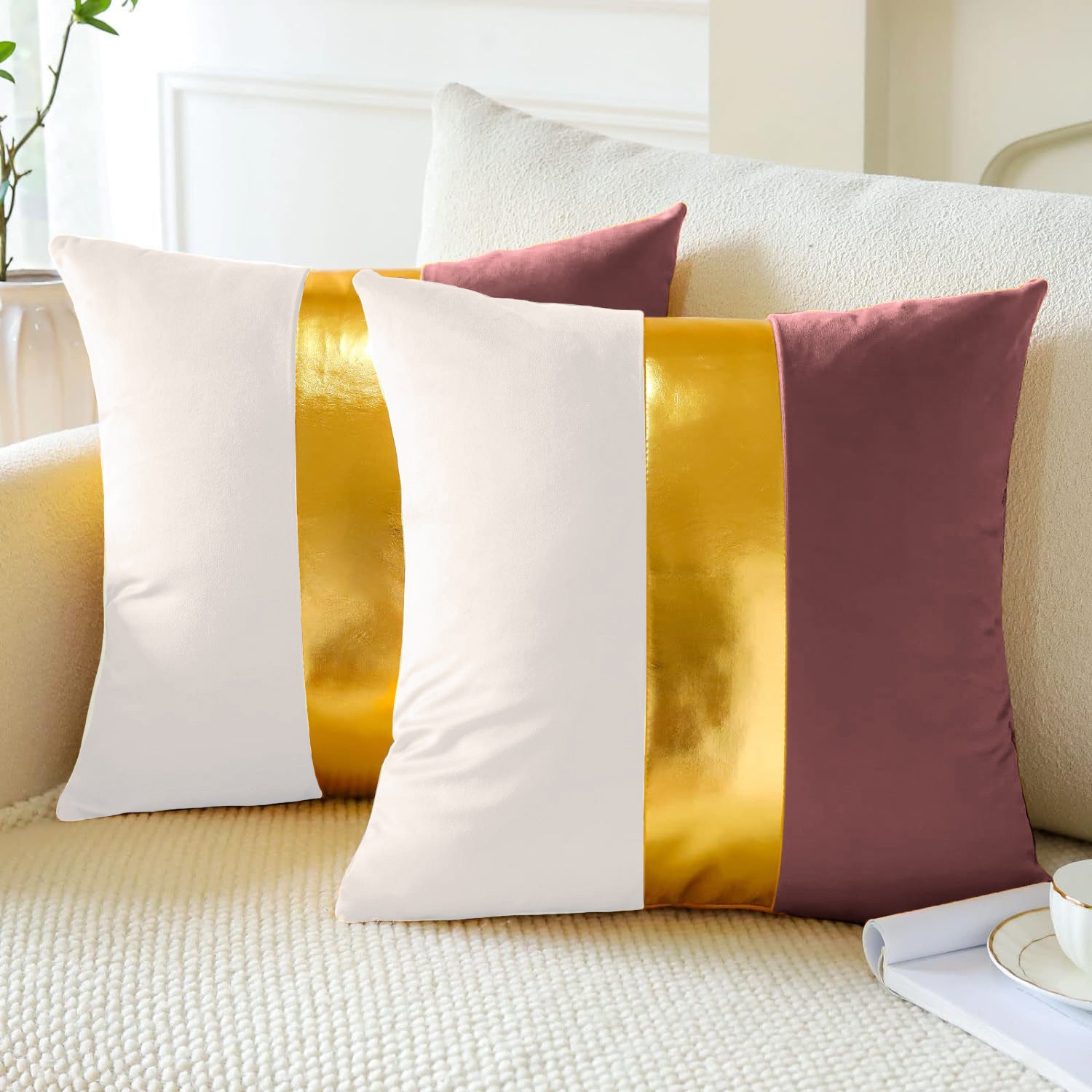 Premium Velvet Set of 2 Decorative Throw Pillow/Cushion Covers with Gold Stripe