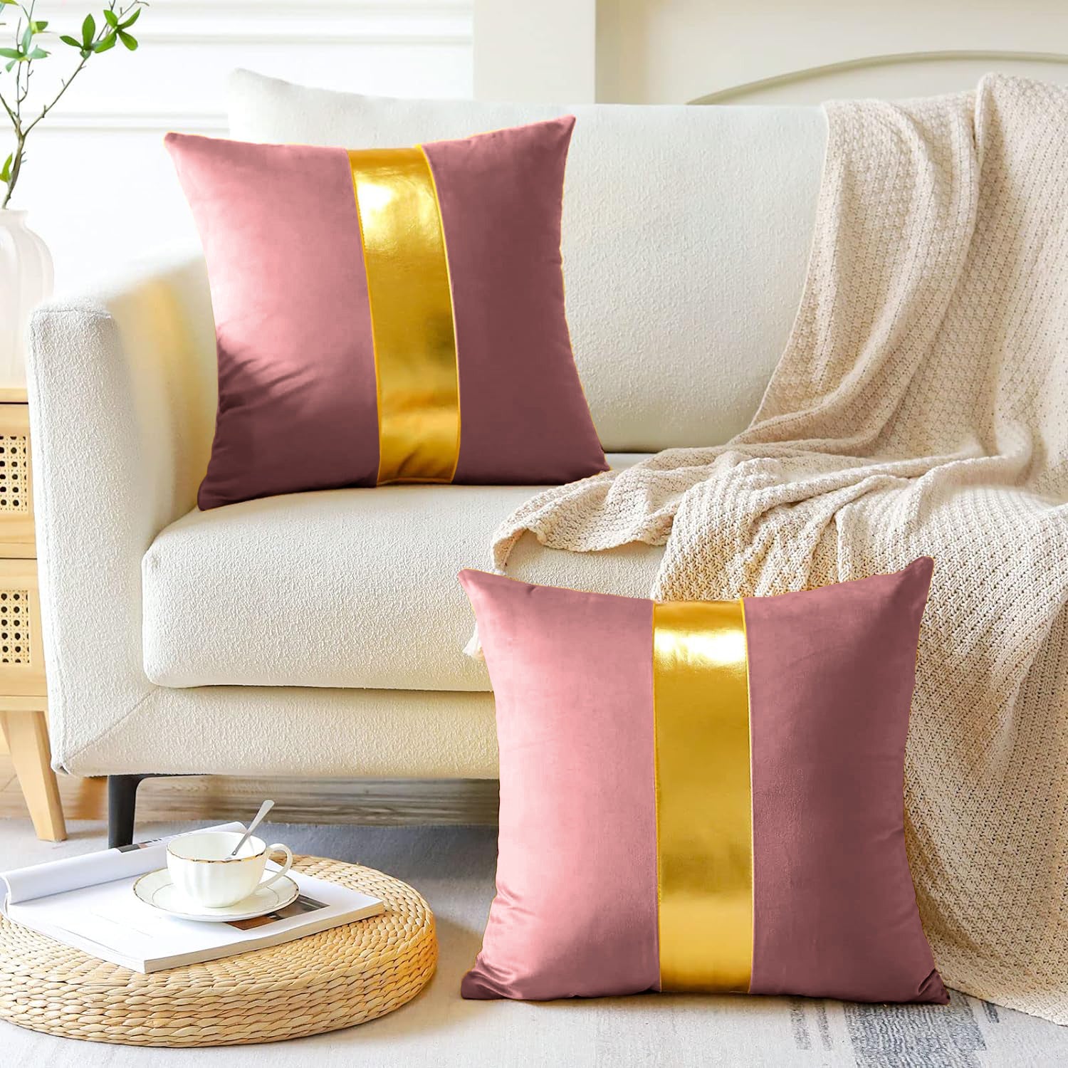 Premium Velvet Set of 2 Decorative Throw Pillow/Cushion Covers with Gold Stripe