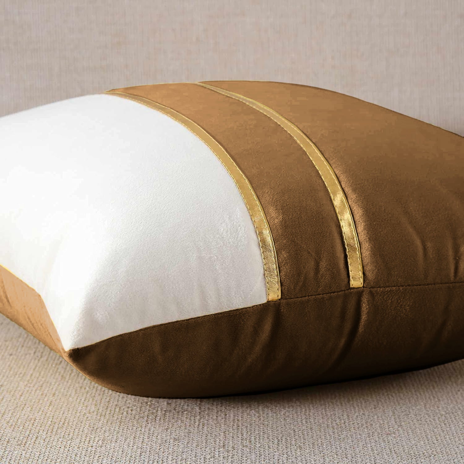 Premium Velvet Set of 2 Decorative Throw Pillow/Cushion Covers with Gold Stripes