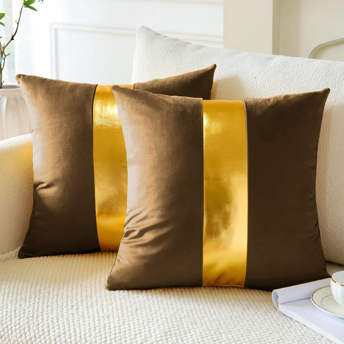 Premium Velvet Set of 2 Decorative Throw Pillow/Cushion Covers with Gold Stripe