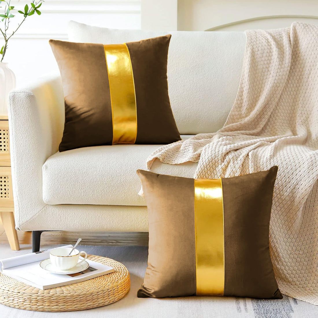 Premium Velvet Set of 2 Decorative Throw Pillow/Cushion Covers with Gold Stripe