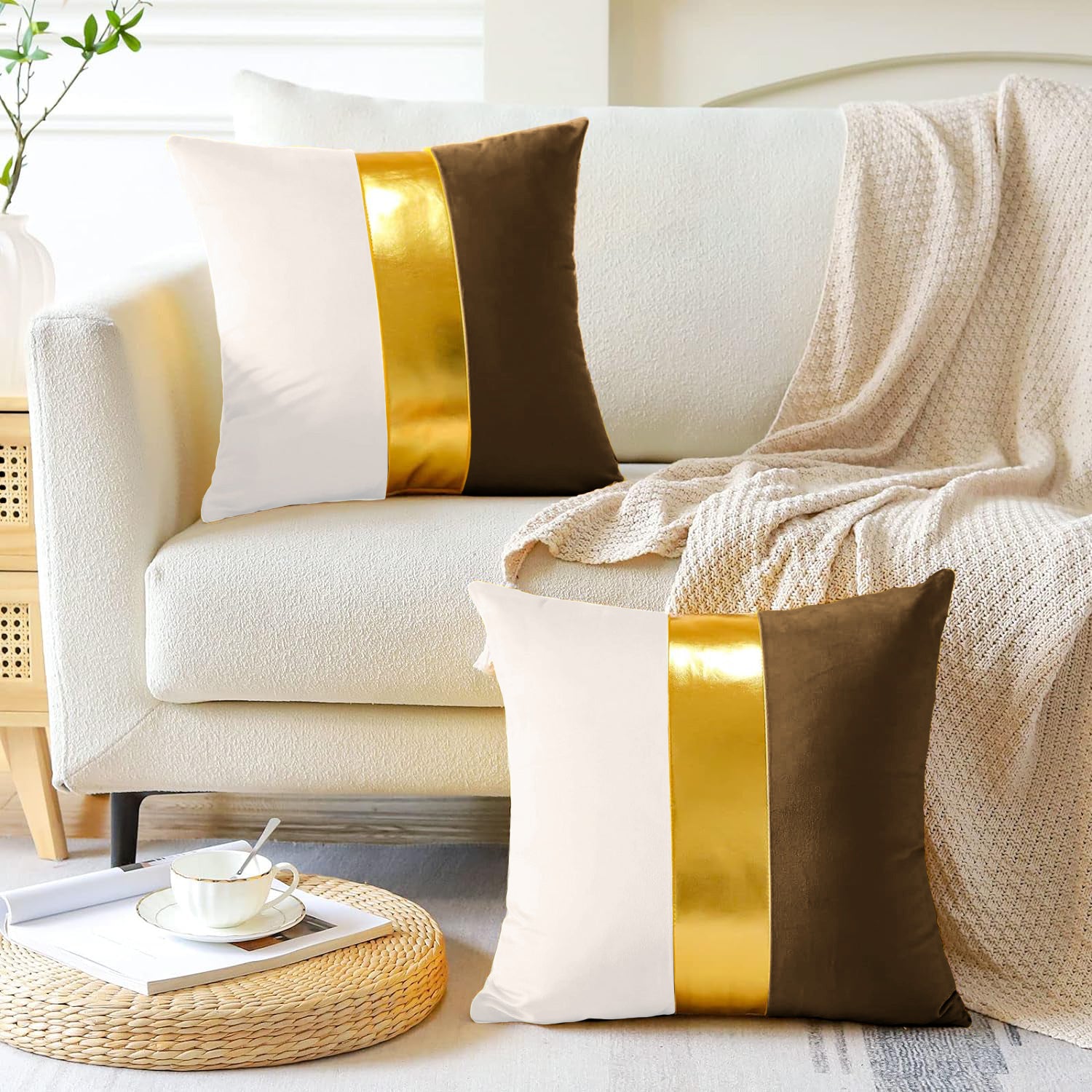 Premium Velvet Set of 2 Decorative Throw Pillow/Cushion Covers with Gold Stripe