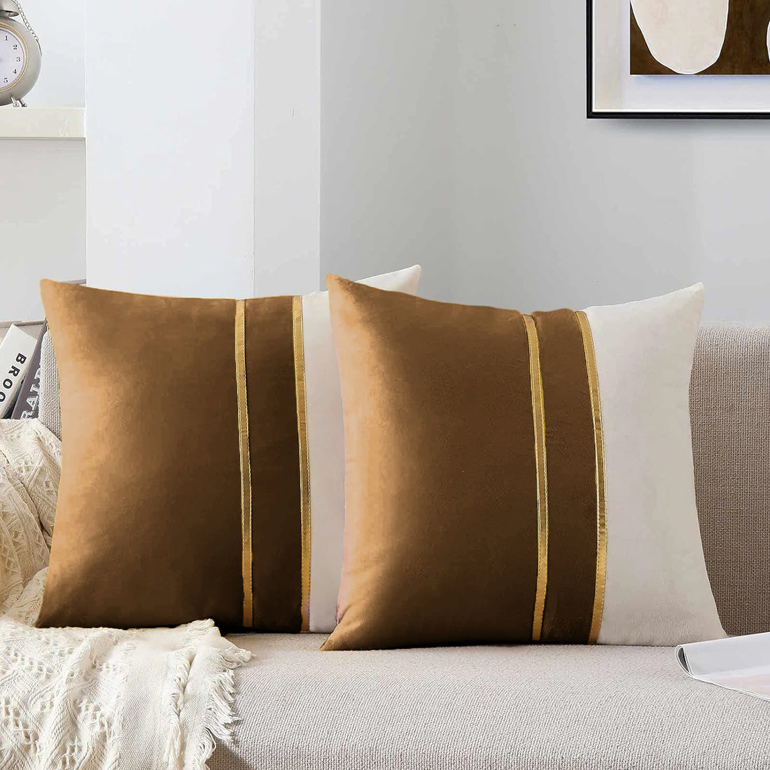 Premium Velvet Set of 2 Decorative Throw Pillow/Cushion Covers with Gold Stripes