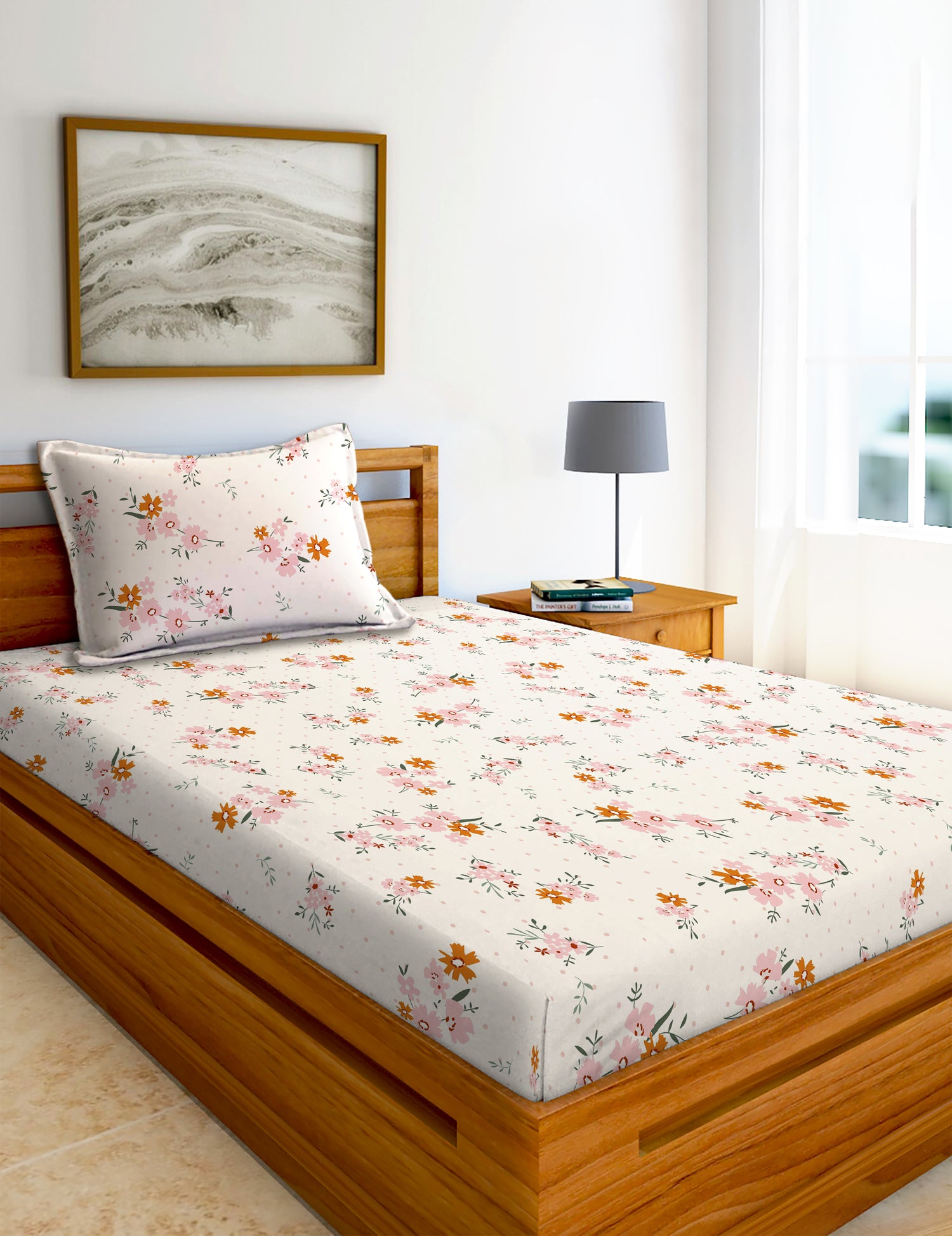 Glace Cotton Abstract Flat Fitted Bedsheet with 2 Pillow Covers