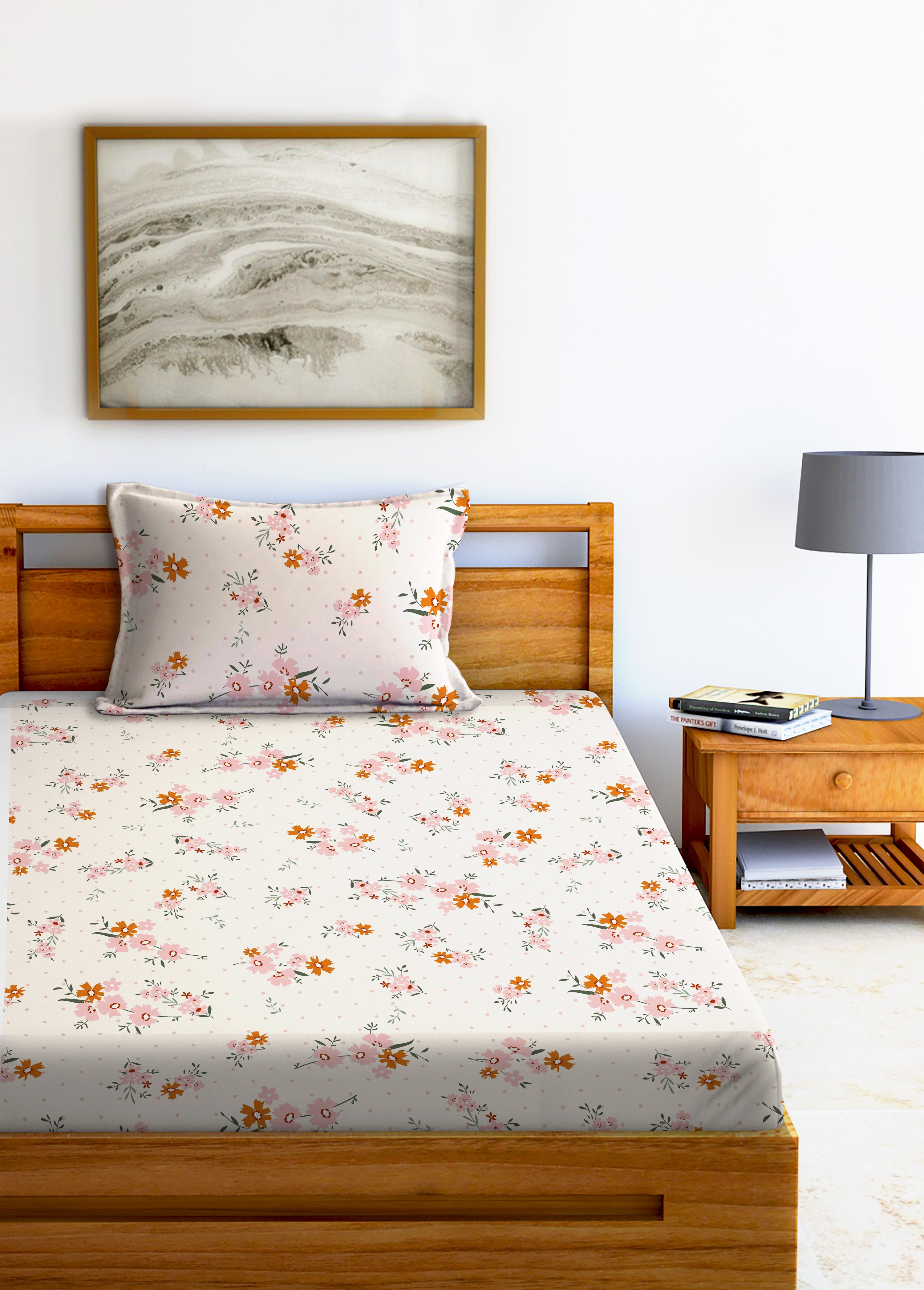 Glace Cotton Abstract Flat Fitted Bedsheet with 2 Pillow Covers