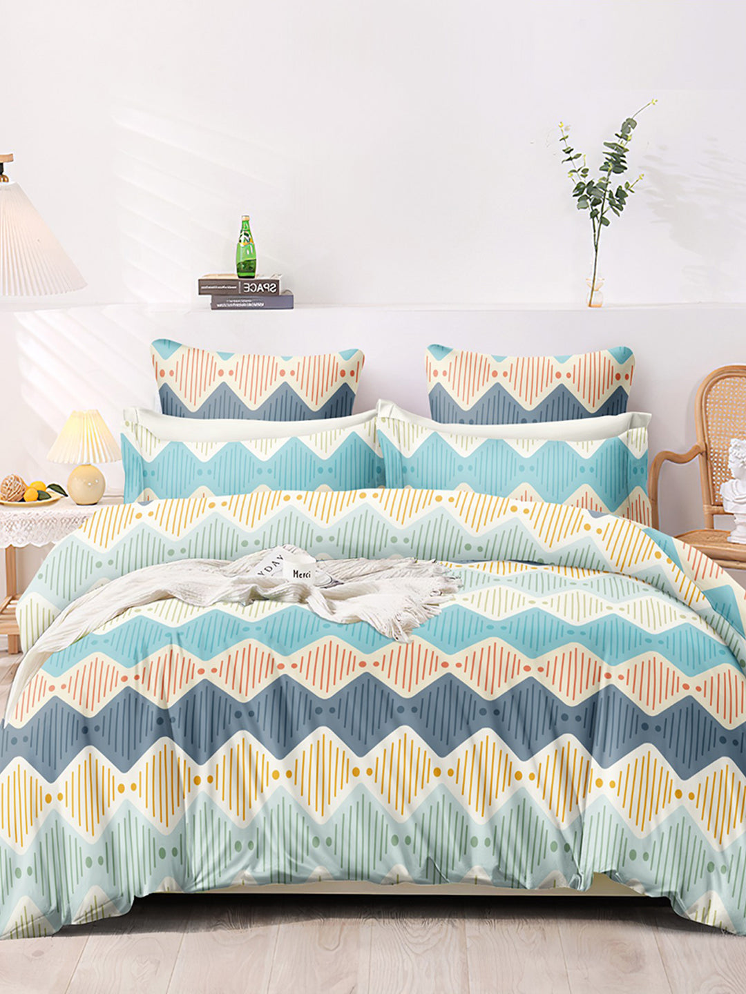 Premium Blue & Yellow Geometry Glace Cotton 300 TC King Bedsheet with 2 Pillow Covers