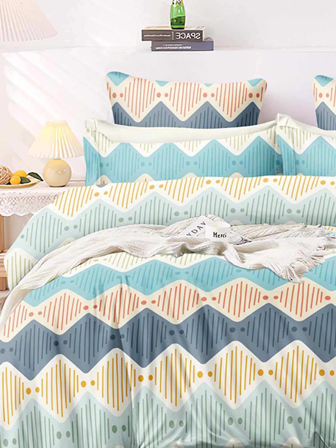 Premium Blue & Yellow Geometry Glace Cotton 300 TC King Bedsheet with 2 Pillow Covers