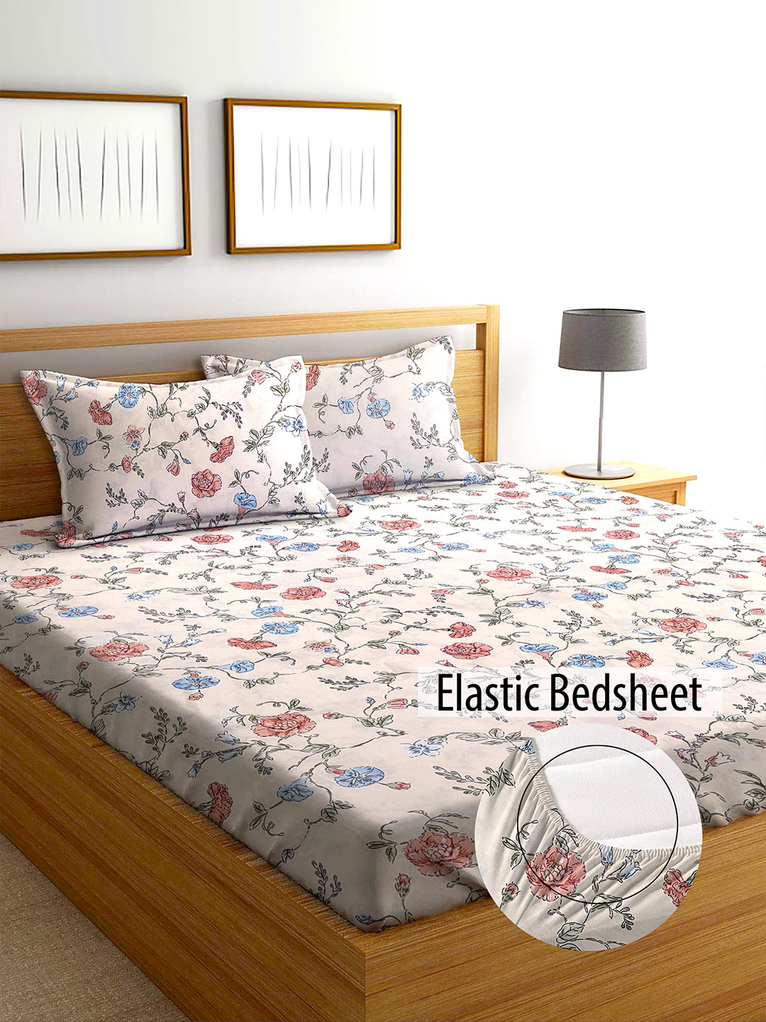 Glace Cotton Abstract Flat Fitted Bedsheet with 2 Pillow Covers